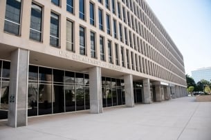 A view of the Department of Education building from ground level
