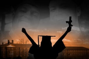 A graduate raises their hands in front of a stylized campus background.