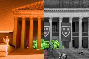 The U.S. Supreme Court building and the Harvard University library side by side with a pile of money across both.